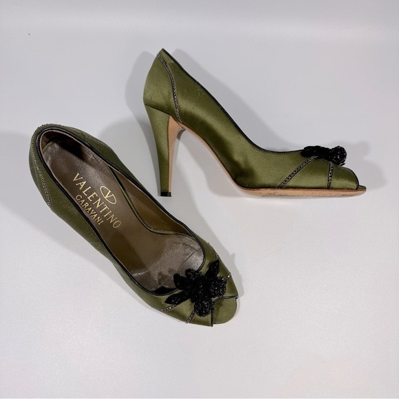 Valentino Garavani Shoes - Valentino Garavani Green Black Florak Rhinestone Peep Toe Heels 39 Whimsigoth